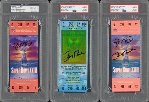 Lot of (3) Joe Montana & Jerry Rice Single & Dual Signed Super Bowl Tickets (PSA/DNA GEM MT 10)